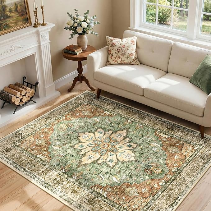 Area Rugs 4'x6' Washable Non-Slip, Floral Vintage Distress Print Pattern Medallion Carpet for Living Room Bedroom Dining Room, Brick Red Rust Neutral Brown Burnt Orange Green