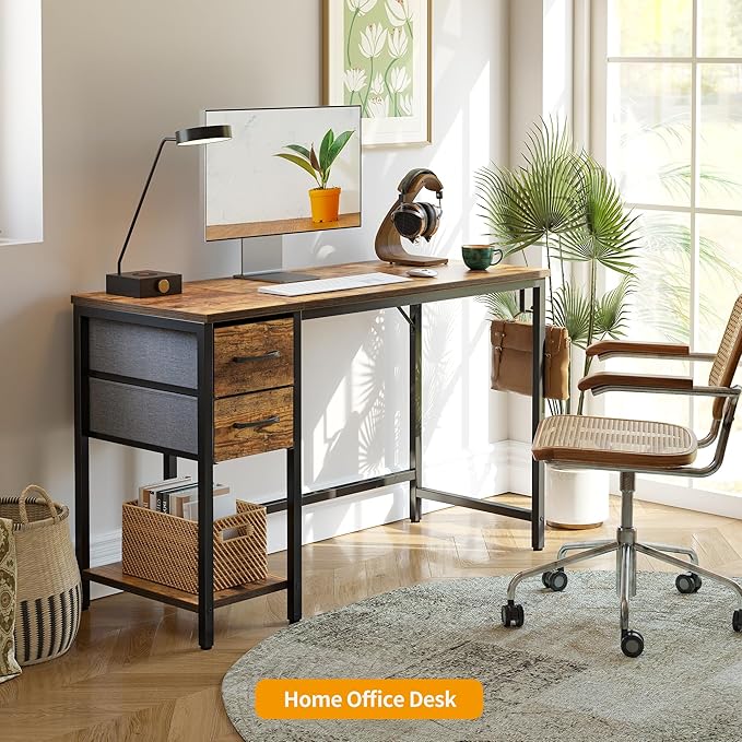 CubiCubi Computer Desk with 2 Drawers, 40 Inch Small Home Office Desk with Storage Study Writing Table, Light Brown
