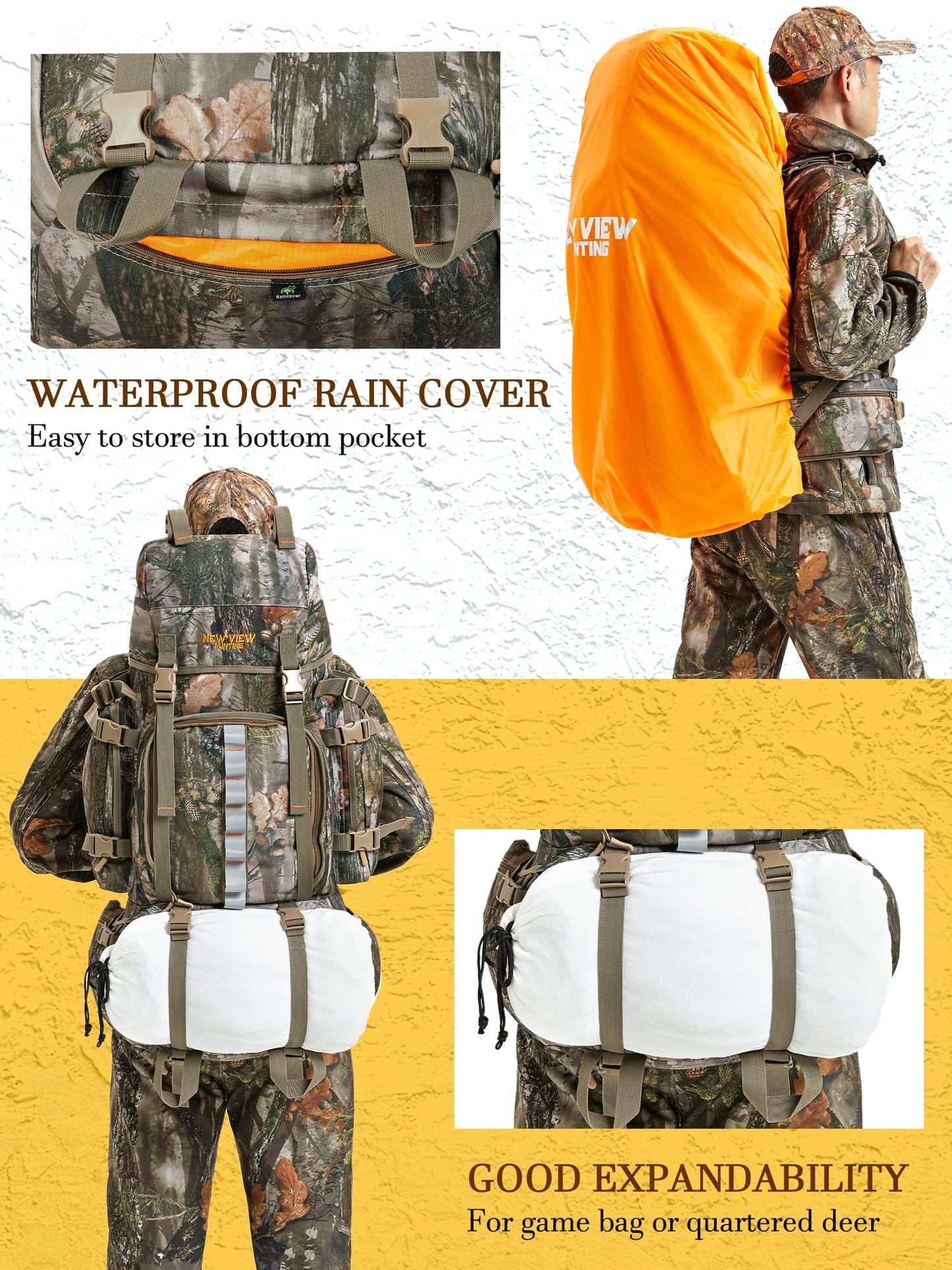 NEW VIEW 60L Hunting Backpack with Waterproof Rain Cover & Bino Packs for Hunting - Binocular Straps Harness Chest Pack
