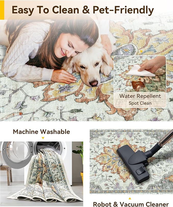 Area Rugs Square 7ft Washable Non-Slip, Floral Vintage Distress Print Pattern Medallion Carpet for Living Room Bedroom Dining Room, Light Yellow Carbon Grey Orange