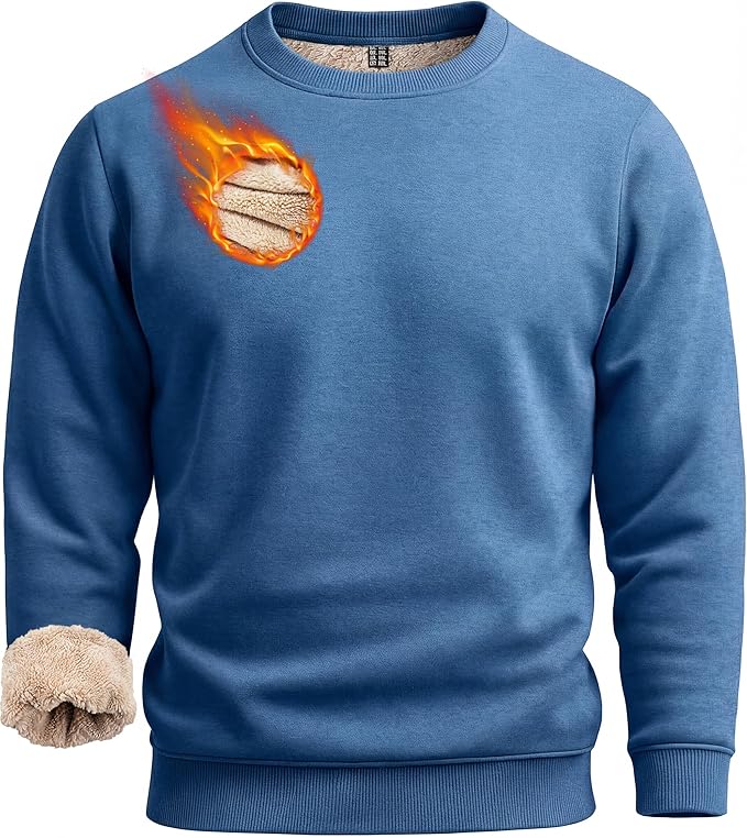 Boladeci Men's Full Sherpa Lined Crewneck Sweatshirts Heavy-weight Fleece Pullover Thick Thermal Long Sleeve Cotton
