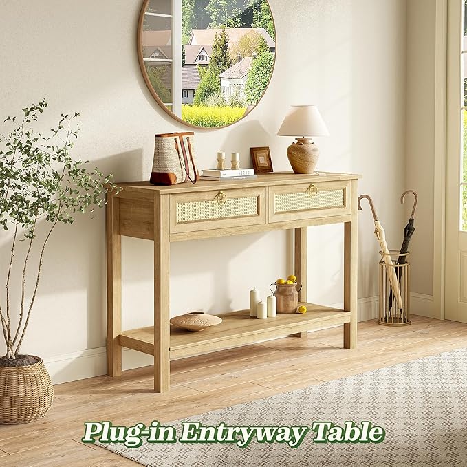 SUPERJARE Rattan Console Sofa Table with Outlets and USB-C Port, 2 Drawer Entryway Table with Synthetic Rattan Surface, 39 Inch, Open Shelf, Behind Couch Entry Foyer Hallway Storage, Natural